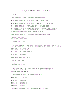 期末复习五年级下册古诗专项练习.docx