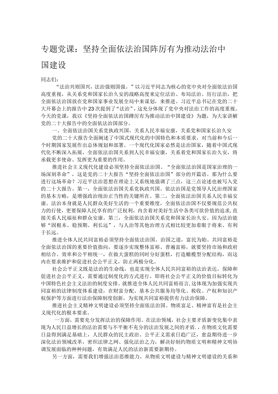 专题党课：坚持全面依法治国 踔厉有为推动法治中国建设.docx_第1页
