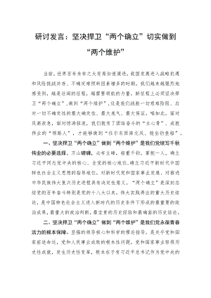 研讨发言：坚决捍卫“两个确立”+切实做到“两个维护”.docx