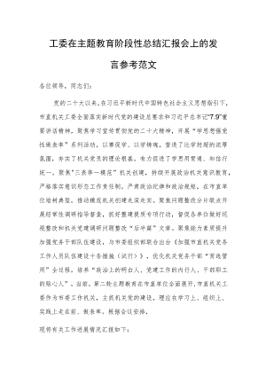 工委在主题教育阶段性总结汇报会上的发言参考范文.docx
