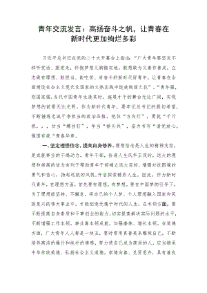 【研讨发言】青年交流发言：高扬奋斗之帆让青春在新时代更加绚烂多彩.docx