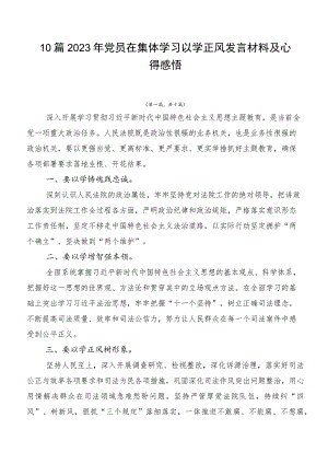 10篇2023年党员在集体学习以学正风发言材料及心得感悟.docx