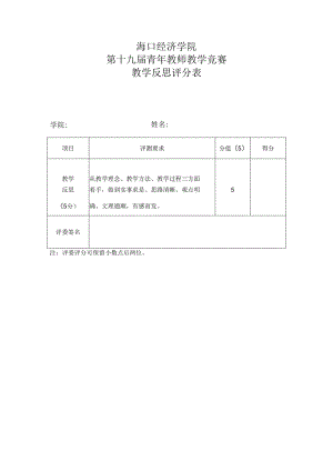 海口经济学院第十九届青年教师教学竞赛教学反思评分表.docx