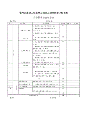 鄂州市建设工程安全文明施工现场检查评分标准安全管理检查评分表.docx
