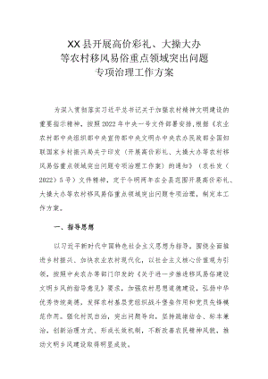 XX县开展高价彩礼、大操大办等农村移风易俗重点领域突出问题专项治理工作方案.docx