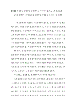 2023年领导干部在专题学习“牢记嘱托、感恩奋进、走在前列”的研讨交流发言材料（二份）供借鉴.docx