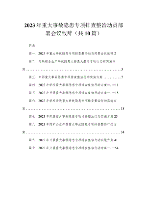 2023年重大事故隐患专项排查整治动员部署会议致辞（共10篇）汇编.docx