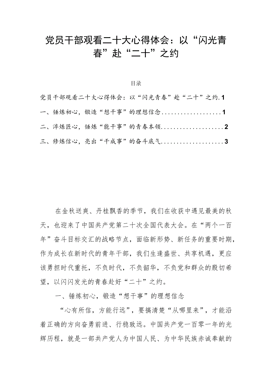 党员干部观看二十大心得体会:以“闪光青春”赴“二十”之约.docx_第1页