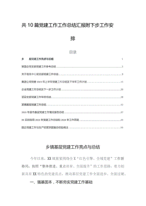 共10篇党建工作工作总结汇报附下步工作安排.docx