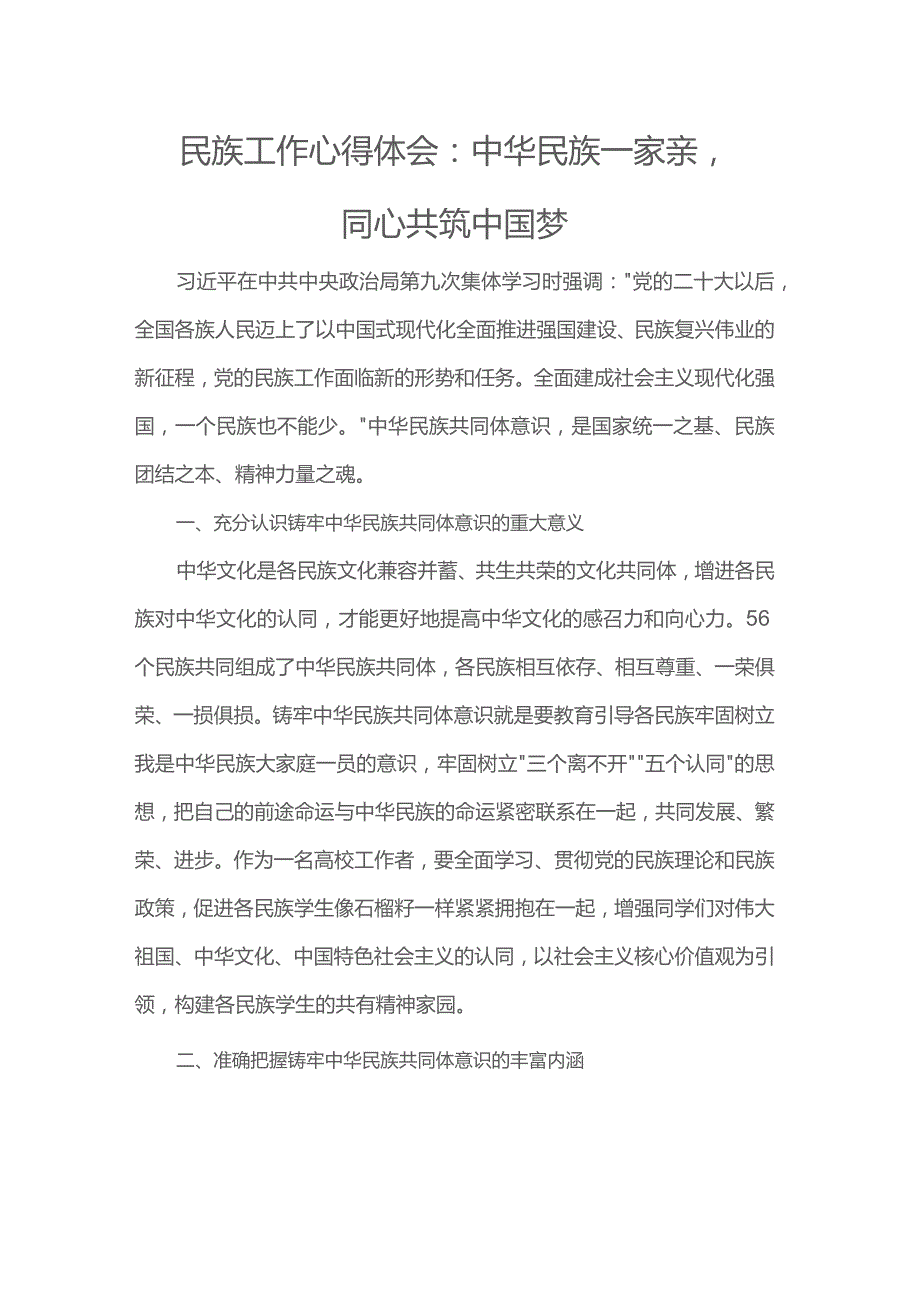 民族工作心得体会：中华民族一家亲同心共筑中国梦.docx