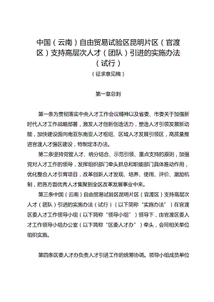 中国（云南）自由贸易试验区昆明片区（官渡区）支持高层次人才（团队）引进的实施办法（试行）（征求意见稿）.docx