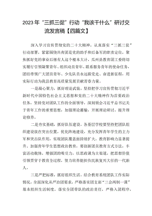 2023年“三抓三促”行动“我该干什么”研讨交流发言稿【四篇文】.docx