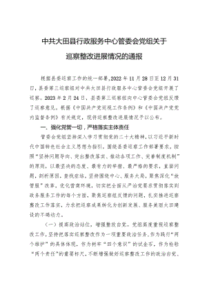 中共大田县行政服务中心管委会党组关于巡察整改进展情况的通报.docx