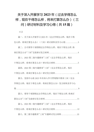 关于深入开展学习2023年（过去学得怎么样现在干得怎么样将来打算怎么办）（三问）研讨材料及学习心得最新版15篇合辑.docx
