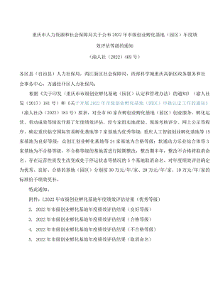 重庆市人力资源和社会保障局关于公布2022年市级创业孵化基地(园区)年度绩效评估等级的通知.docx