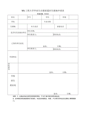 XX工程大学毕业生自愿派遣回生源地申请表.docx