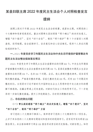某县妇联主席2022年度民主生活会个人对照检查发言提纲.docx