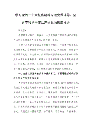学习党的二十大报告精神专题党课辅导：坚定不移把全面从严治党向纵深推进.docx