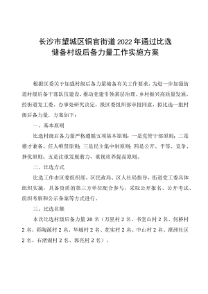 长沙市望城区铜官街道2022年通过比选储备村级后备力量工作实施方案.docx