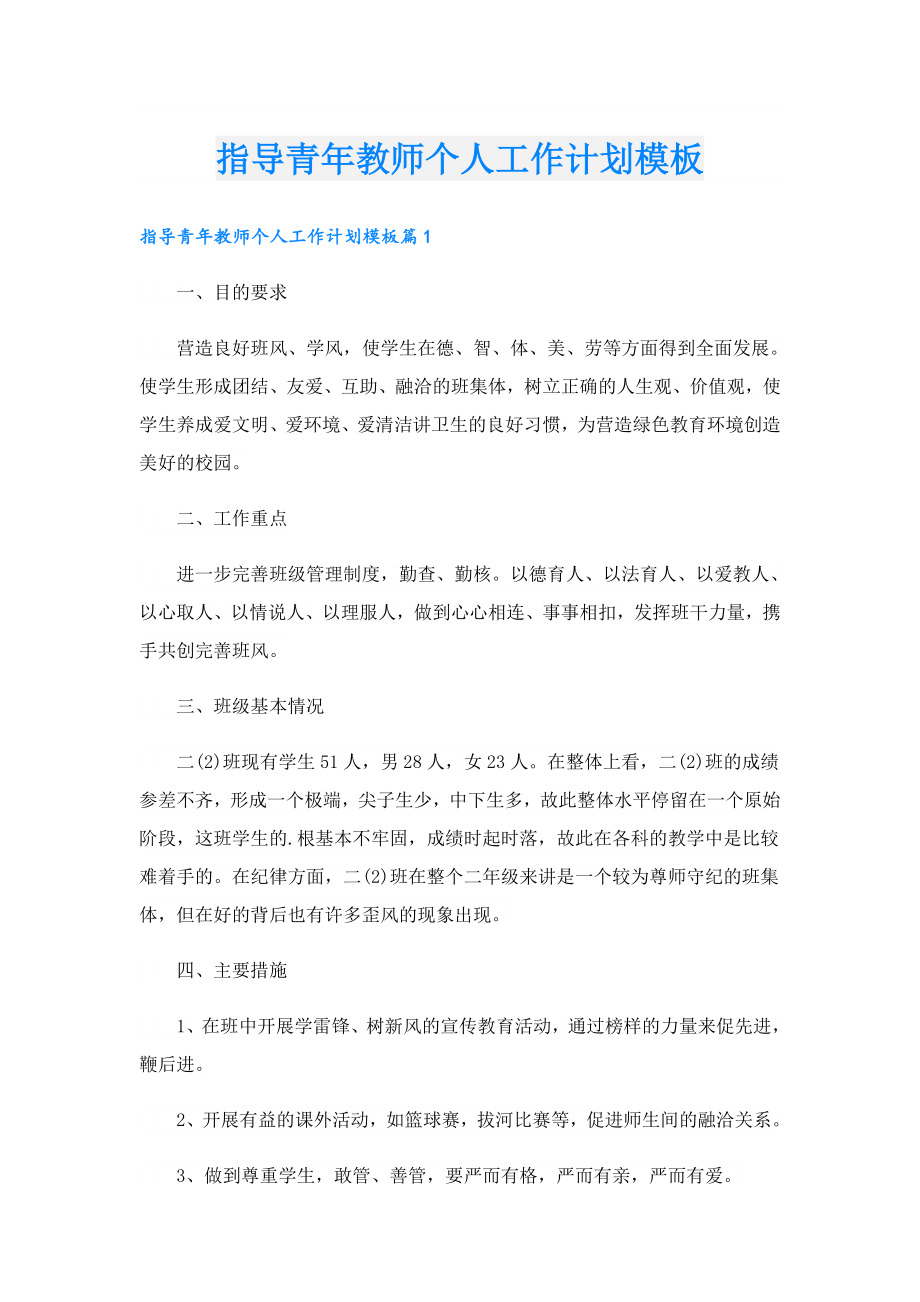 指导青年教师个人工作计划模板.doc