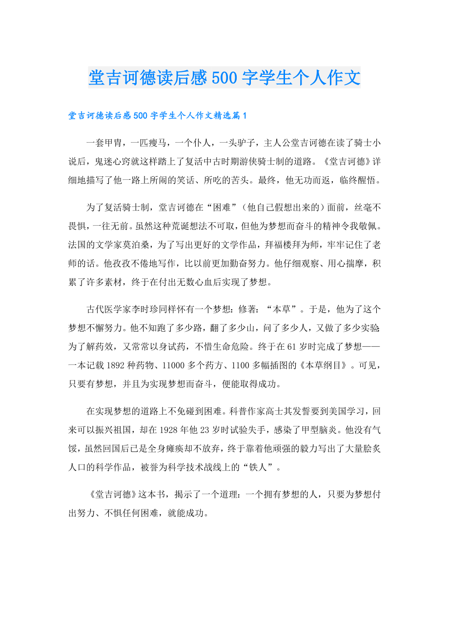 堂吉诃德读后感500字学生个人作文.doc_第1页