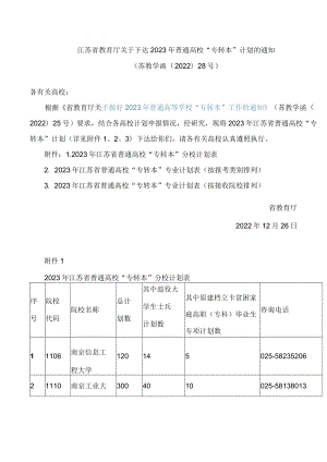江苏省教育厅关于下达2023年普通高校“专转本”计划的通知.docx