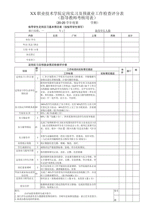 XX职业技术学院定岗实习及预就业工作检查评分表（指导教师考核用表）（202X年版）.docx