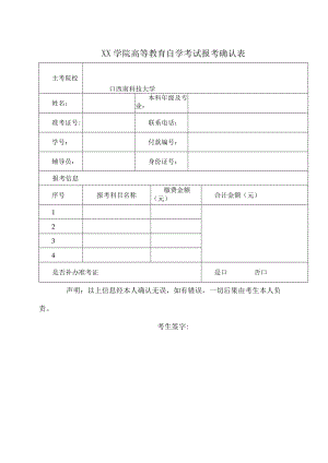 XX学院高等教育自学考试报考确认表.docx