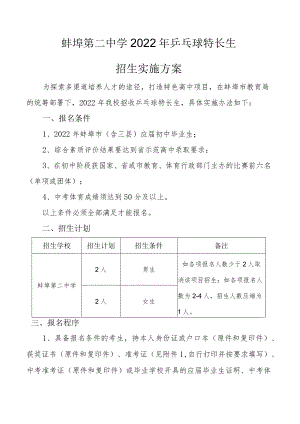 蚌埠第二中学2022年乒乓球特长生招生实施方案.docx