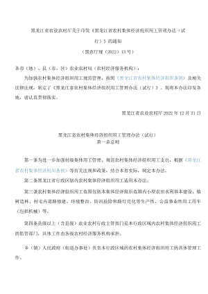 黑龙江省农业农村厅关于印发《黑龙江省农村集体经济组织用工管理办法(试行)》的通知.docx