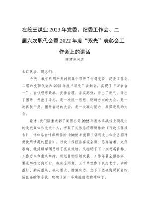 陈建光同志：在段王煤业2023年党委、纪委工作会、二届六次职代会暨2022年度“双先”表彰会工作会上的讲话.docx