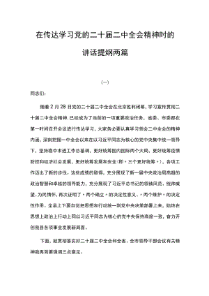 在传达学习党的二十届二中全会精神时的讲话提纲两篇.docx