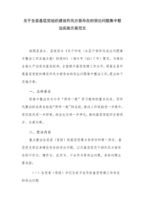 关于全县基层党组织建设作风方面存在的突出问题集中整治实施方案范文.docx
