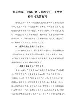 基层青年干部学习宣传贯彻党的二十大精神研讨发言材料.docx