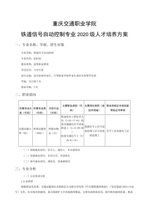 重庆交通职业学院铁道信号自动控制专业2020级人才培养方案.docx