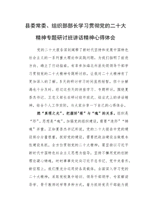 县委常委、组织部部长学习贯彻党的二十大精神专题研讨班讲话精神心得体会.docx