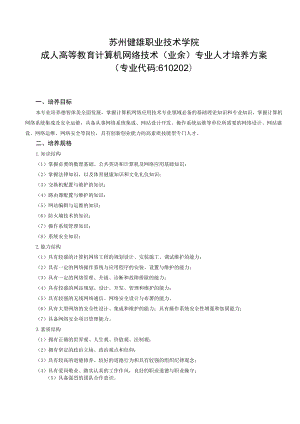 苏州健雄职业技术学院成人高等教育计算机网络技术业余专业人才培养方案.docx