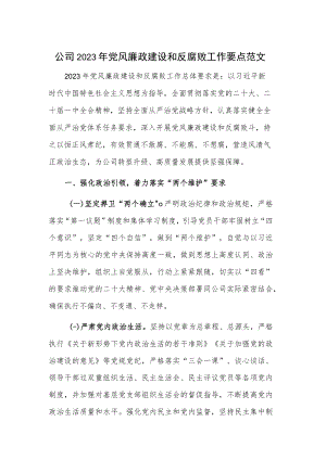 公司2023年党风廉政建设和反腐败工作要点范文.docx