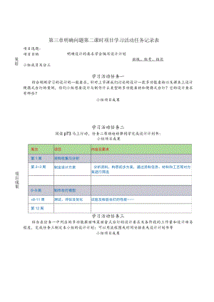 明确问题 第二课时 项目学习活动任务记录表及学习效果评价表 （明确设计的要求学会编写设计计划）.docx