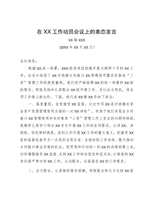 在XX工作动员会议上的表态发言.docx