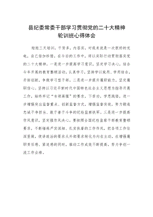县纪委常委干部学习贯彻党的二十大精神轮训班心得体会.docx