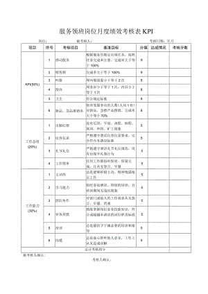 服务领班岗位月度绩效考核表KPI.docx