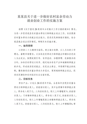 某某县关于进一步做好农村富余劳动力就业创业工作的实施方案.docx