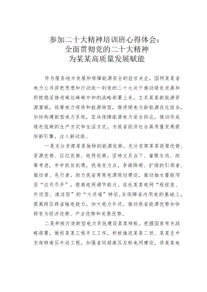 参加二十大精神培训班心得体会：全面贯彻党的二十大精神为某某高质量发展赋能.docx
