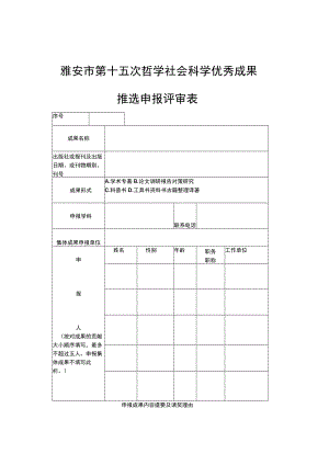 雅安市第十五次哲学社会科学优秀成果推选申报评审表.docx