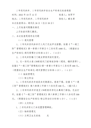 二号进风斜井、二号回风斜井标准化检查问题10月12日.docx