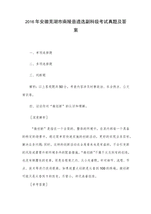 2016年安徽芜湖市南陵县遴选副科级考试真题及答案.docx