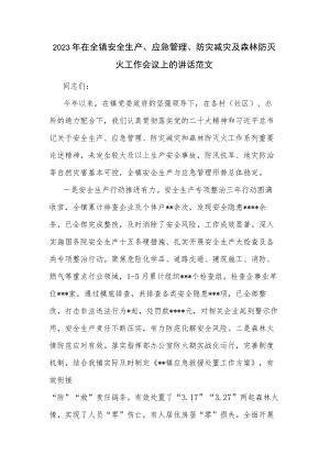 2023年在全镇安全生产、应急管理、防灾减灾及森林防灭火工作会议上的讲话范文.docx