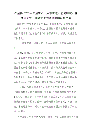 在全县2023年安全生产、应急管理、防灾减灾、森林防灭火工作会议上的讲话提纲合集2篇.docx