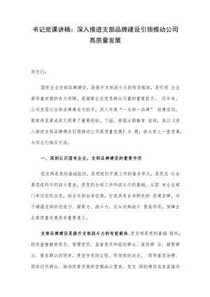书记党课讲稿：深入推进支部品牌建设 引领推动公司高质量发展.docx